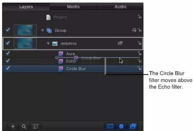 Layers Media Audio Project Group dolphins Aura Circle Blur Echo Circle Blur The Circle Blur filter moves above the Echo filter.