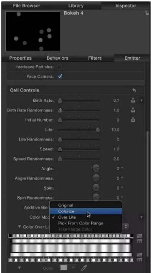 File Browser Library Inspector Bokeh 4 Properties Behaviors Filters Emitter Interleave Particles: Face Camera: Cell Controls Birth Rate: 0.1 Birth Rate Randomness: 1.0 Initial Number: 0 Life: 10.0 Life Randomness: 0 Speed: 1.0 Speed Randomness: 2.0 Angle: 0 ° Angle Randomness: 0 ° Spin: 0 ° Spin Randomness: 0 ° Additive Biem: Original Colorize Over Life Pick From Color Range Take Image Color Color Mode: Color Over Li