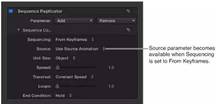 Sequence Replicator Parameter: Add Remove Sequence Co.. Sequencing: From Keyframes Source: Use Source Animation Unit Size: Object Spread: 1.0 Traversal: Constant Speed Loops: 1.0 End Condition: Hold Source parameter becomes available when Sequencing is set to From Keyframes.