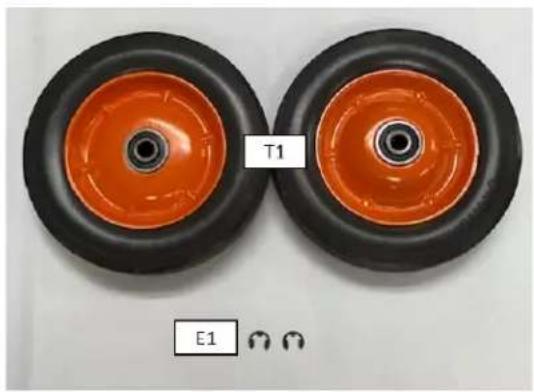 Two orange and black wheel rim wheels labeled T1 and E1, shown against a plain background (no text or symbols on the wheels themselves)