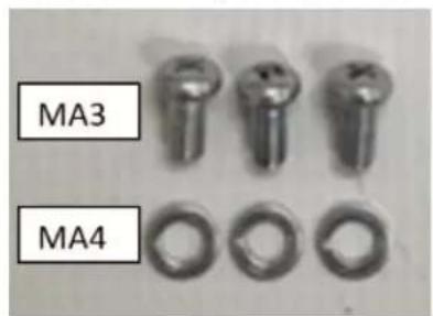 Close-up of four metal mechanical components labeled MA3 and MA4, with no visible text or symbols on the parts themselves.