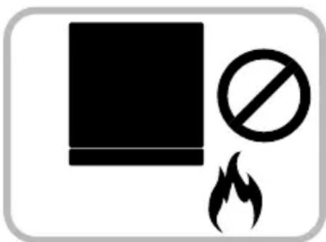Warning sign with a black box, a circle, and flame symbol indicating no hazard or absence.
