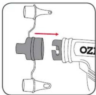 Diagram showing a hand holding a OZI device with a red arrow indicating direction of movement or change.