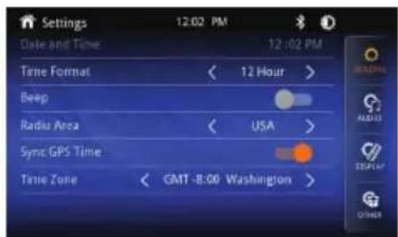 Settings 12:02 PM Date And Time 12:02 PM Time Format 12 Hour Beep Radio Area USA Sync GPS Time Time Zone GMT -8:00 Washington