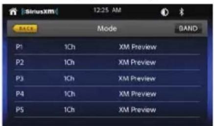 SIRUSXM 12:25 AM BACK Mode BAND P1 1Ch XM Preview P2 1Ch XM Preview P3 1Ch XM Preview P4 1Ch XM Preview P5 1Ch XM Preview