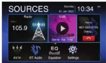 SOURCES Radio 105.9 USB MEASURE Genre: the Trip AV In BT Audio EQ Equalizer Settings Saturday 01 Jan. 2023 10:34 AM Home 407-555-0155 Dating