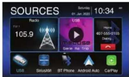 SOURCES Radio 105.9 USB mease Gene Its Top 407-555-0155 Dealing USB SiriusXM BT Phone Android Auto CarPlay Saturday 01 Jan 2023 10:34