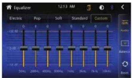Equalizer 12:13 AM Electric Pop Soft Standard Custom 0 6 0 0 0 0 0 0 -12 dB -5 dB -12 dB 50Hz 200Hz 400Hz 600Hz 70Hz 80Hz 90Hz 100Hz Audio Balance Reset