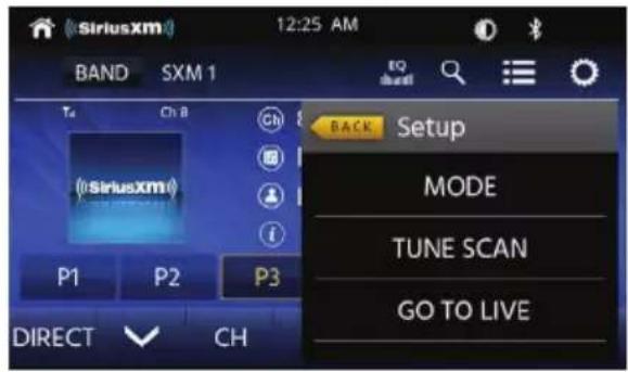 SiriusXM 12:25 AM BAND SXM 1 T4 Ch 8 GN SiriusXM P1 P2 P3 DIRECT CH BACK Setup MODE TUNE SCAN GO TO LIVE