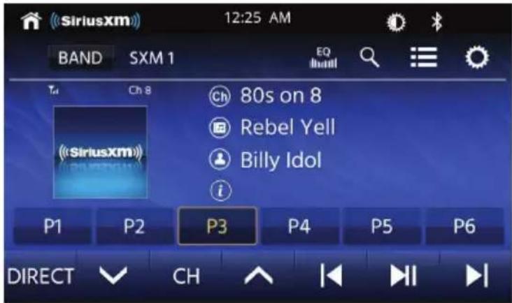 SiriusXM 12:25 AM BAND SXM 1 EQ Tet Ch 8 @ 80s on 8 @ Rebel Yell @ Billy Idol P1 P2 P3 P4 P5 P6 DIRECT √ CH |← |+ |→