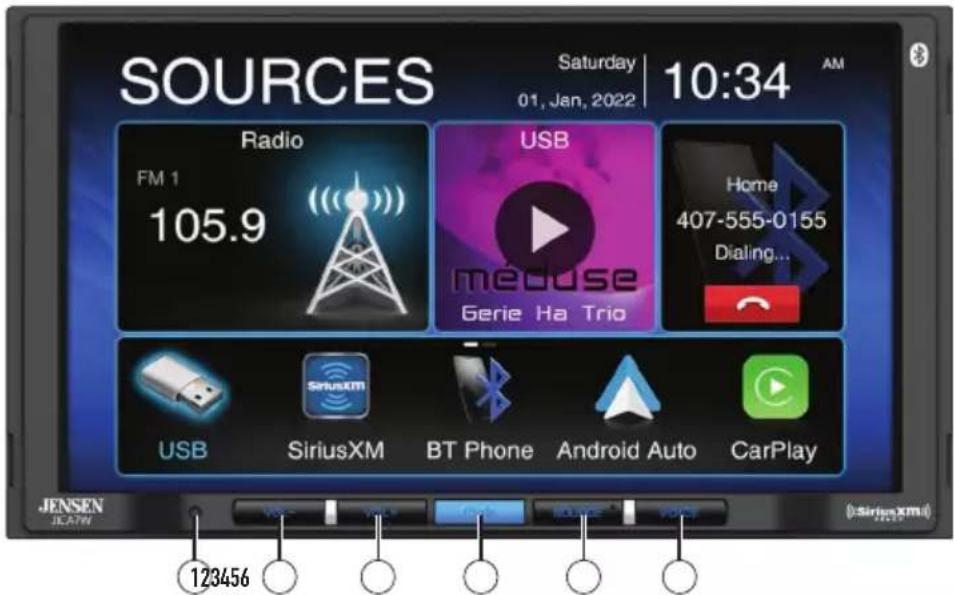 SOURCES Saturday 10:34 AM 01, Jan, 2022 Radio FM 1 105.9 USB meouse Gerie Ha Trio Home 407-555-0155 Dialing... USB SiriusXM BT Phone Android Auto CarPlay JENSEN JEATHW 123456