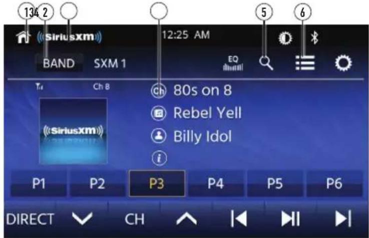 134 2 Siriusxm BAND SXM 1 12:25 AM EQ Ch 8 80s on 8 Rebel Yell Billy Idol P1 P2 P3 P4 P5 P6 DIRECT CH |