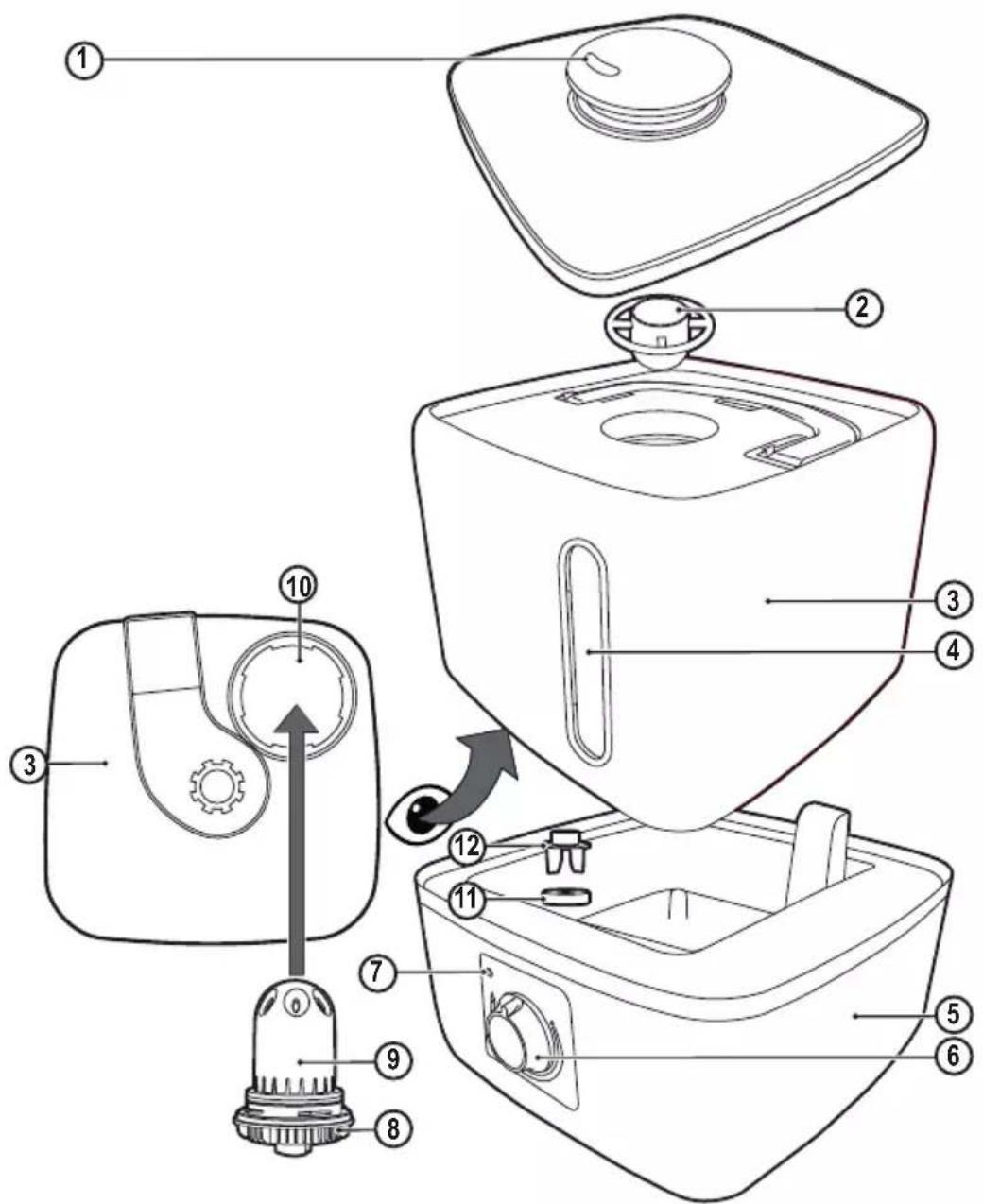Technical diagram of a device's internal components with numbered parts, highlighting the mechanism of turning a button.