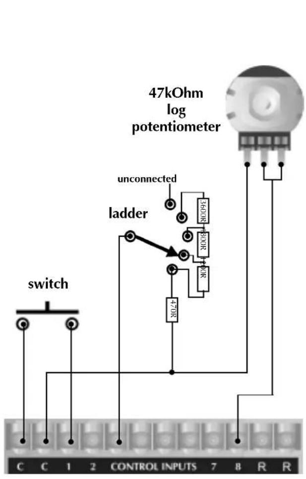 47kOhm log potentiometer unconnected ladder 470R switch C C 1 2 CONTROL INPUTS 7 8 R R