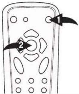 Diagram of a remote control panel with labeled buttons 1 and 2 pointing to the central knob.