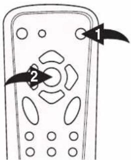 Diagram of a remote control with labeled buttons 1 and 2 pointing to the central button.