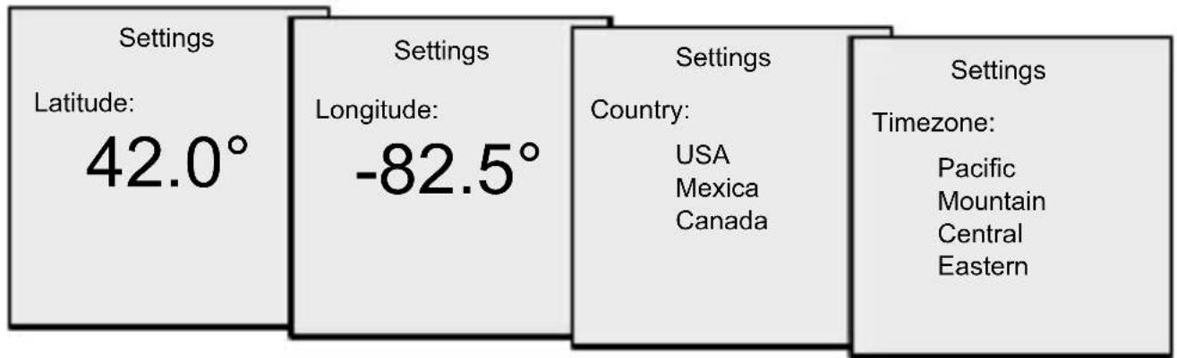Settings Latitude: 42.0° Settings Longitude: -82.5° Settings Country: USA Mexica Canada Settings Timezone: Pacific Mountain Central Eastern