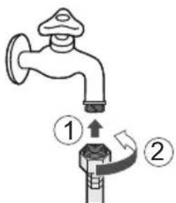 Diagram showing a faucet with two labeled parts, illustrating the process of valve turning or disassembly.