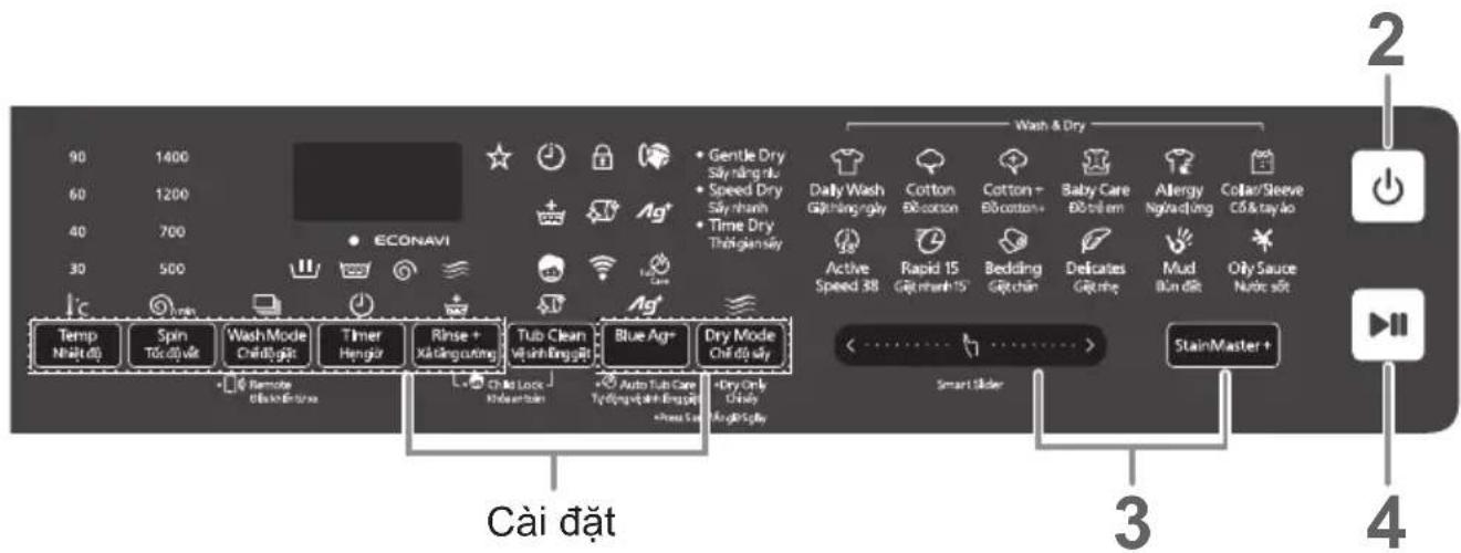 90 1400 60 1200 40 700 30 500 ECONAVI Temp Nish (d) Spin Túc dý vět Wash Mode Chíd yǐ gǔ Timer Héngir Rinse + Xá tàng cùng Tub Clean yì shíng bùgǎi Blue Ag+ Dry Mode Chíd dý sý • Gentle Dry Sát nǎng nu • Speed Dry Sát nhaì • Time Dry Thòng ján sý • Gentile Dry Sát nǎng nu • Speed Dry Sát nhaì • Time Dry Thòng ján sý Daily Wash Gǔ hǎng ngǎy Cotton Bù cotton Cotton + Bù cotton+ Baby Care Bù trì em Allergy Ng/actung Colla/Sleeve Cô & tay 40 Active Speed 38 Rapid 15 Gǔ nhaì 15° Bedding Gǔ chǎn Delicaries Gǔ rìng Mud Bùn dǐt Olly Sauce Núc sǒt Cài dǎt • Chà Lock Kuàn baīn • Auto Tub Care Tú dǐng yì shíng bùgǎi • Dry Only Chá lù yì sý • Smart Slider StainMaster + 2 3 4