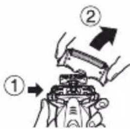 Diagram showing mechanical assembly steps with numbered labels ①, ②, and directional arrows indicating process flow.