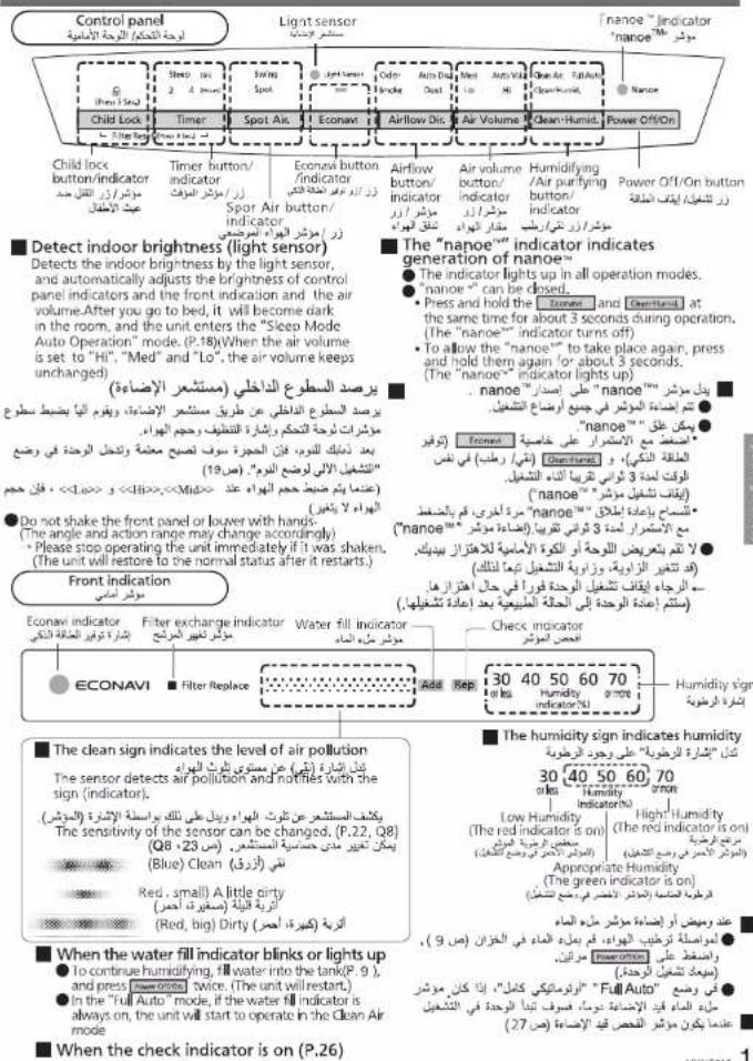 Control panel Light sensor nanoe" Indicator "nanoe" "nictor" (Press 3.5 sec) Child Lock Timber Spot Air Econav Airflow Dir. Air Volume Clean-Humid Power Off/On Nance Child lock button/indicator mostrar/raiz الثام خد العاب المفات Timer button/ indicator موزار/راز النام خد Spor Air button/ indicator رز/شمر/رز النام خد The "nanoe" indicator indicates generation of nanoe™ ● The indicator lights up in all operation modes. ● "nanoe" can be closed. ● Press and hold the "Econav" and "Chembank" at the same time for about 3 seconds during operation. (The "nanoe" indicator turns off) ● To allow the "nanoe" to take place again, press and hold them again for about 3 seconds. (The "nanoe" indicator lights up) · The "nanoe" indicator indicates generation of nanoe™ • This indicator light is up in all operation modes. • "nanoe" can be closed. • Press and hold the "Econav" and "Chembank" at the same time for about 3 seconds during operation. (The "nanoe" indicator turns off) ● To allow the "nanoe" to take place again, press and hold them again for about 3 seconds. (The "nanoe" indicator lights up) · The "nanoe" indicator light is up in all operation modes. · "nanoe" can be closed. · Press and hold the "Econav" and "Chembank" at the same time for about 3 seconds during operation. (The "nanoe" indicator turns off) ● To allow the "nanoe" to take place again, press and hold them again for about 3 seconds. (The "nanoe" indicator lights up) · The "nanoe" indicator light is up in all operation modes. · "nanoe" can be closed. · Press and hold the "E cony" and "Chembank" at the same time for about 3 seconds during operation. (The "nanoe" indicator turns off) ● To allow the "nanoe" to take place again, press and hold them again for about 3 seconds. (The "nanoe" indicator lights up) · The "nanoe" indicator light is up in all operation modes. · "nanoe" can be closed. · Press and hold the "E cony" and "Chembank" also in the same time for about 3 seconds during operation. (The "nanoe" indicator turns off) ● To allow the "nanoe" to take place again, press and hold them again for about 3 seconds. (The "nanoe" indicator lights up) · The "nanoe" indicator light is up in all operation modes. · "nanoe" can be closed. · Press and hold the "E cony" and "Chembank" at the same time for about 10 seconds during operation. (The "nanoe" indicator turns off) ● To allow the "nanoe" to take place again, press and hold them again for about 10 seconds. (The "nanoe" indicator lights up) · The "nanoe" indicator light is up in all operation modes. ● "nanoe" can be closed. · Press and hold the "E cony" and "Chembank" at the same time for about 10 seconds during operation. (The "nanoe" indicator turns off) ● To allow the "nanoe" to take place again, press and hold them again for about 10 seconds. (The "nanoe" indicator lights up) · The "nanoe" indicator light is up in all operation modes. ● "nanoe" cannot be closed. ● Press and hold the "E cony" and "Chembank" at the same time for about 10 seconds during operation. (The "nanoe" indicator turns off) ● To allow the "nanoe" to take place again, press and hold them again for about 10 seconds. (The "nanoe" indicator lights up) ● The "nanoe" indicator light is up in all operation modes. ● "nanoe" cannot be closed. ● Press and hold the "E cony" and "Chembank" at the same time for about 10 seconds during operation. (The "nanoe" indicator turns off) ● To allow the "nanoe" to take place again, press and hold them again for about 10 seconds. (The "nanoe" indicator lights up) ● The "nanoe", it is an aspedار (the "nanoe") on a hand. It is an aspedار (the "nanoe") on a hand. It is an aspedار (the "nanoe") on a hand. It is an aspedار (the "nanoe") on a hand. It is an aspedار (the "nanoe") on a hand. It is an aspedار (the "nanoe") on a hand. It is an aspedار (the "nanoe") on a hand. It is an as ped. It is an asped. It is an as ped. It is an as ped. It is an as ped. It is an as ped. It is an as ped. It is an as ped. It is an as ped. It is an as ped. It is an as ped. It is an as ped. It is an as ped. It is an as ped. It is an as ped. It is an as ped. It is an as ped. It is an as ped. It is an as ped. It isan a as ped. It is an as ped. It is an as ped. It is an as ped. It is an as ped. It is an as ped. It is an as ped. It is an as ped. It is an as ped. It is an as ped. It is an as ped. It is an as ped. It is an as ped. It is an as ped. It is an as ped. It is an as ped. It is an as ped. I'm not that we have been able to use the air from the air to use the air from the air to use the air from the air to use the air from the air to use the air from the air to use the air from the air to use the air from the air to use the air from the air to use the air from the air to use the air from the air to use the air from the air to use the air from the air to use the air from the air to use the air from the air to use the air from the air to used the air from the air to use the air from the air to use the air from the air to use the air from the air to use the air from the air to use the air from the air to use the air from the air to use the air from the air to use the air from the air to use the air from the air to use the air from the air to use the air from the air to use the air from the air to use the air from the air to use the other air from the air to use the other air from the air to use the other air from the air to use the other air from the air to use the other air from the air to use the other air from the air to use the other air from the air to use the other air from the air to use the other air from the air to use the other air from the air to use the other air from the air to use the other air from the air to use the other air from the other air from the other air from the other air from the other air from the other air from the other air from the other air from the other air from the other air from the other air from the other air from the other air from the other air from the other air from the other air from the other air from the other air from the other air from the other air from the other air from the other air from the other air from the other air from the other air from the other air.