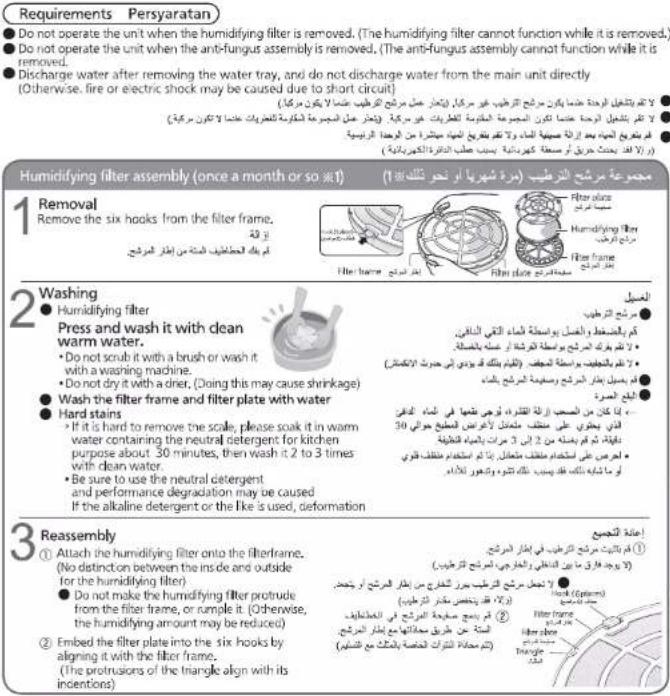 Requirements Persyaratan • Do not operate the unit when the humidifying filter is removed. (The humidifying filter cannot function while it is removed.) • Do not operate the unit when the anti-fungus assembly is removed. (The anti-fungus assembly cannot function while it is removed. • Discharge water after removing the water tray, and do not discharge water from the main unit directly (Otherwise, fire or electric shock may be caused due to short circuit) 1 Removal Remove the six hooks from the filter frame. • If my the chaptophys la ma de 10435 ### ### ### ### ### ### ### ### ### ### ### ### ### ### ### ### ### ### ### ### ### ### ### ### ### ### ### ### ### ### ### ### ### ### ### ### ### ### ### ### ### ### ### ### ### ### ### ### ### ### ### ### ### ### ### ### ### ### ### ### ### ### ### ### ### ### ### ### ### ### ### ### ### ### ### ### ###### 2 Washing • Humidifying filter Press and wash it with clean warm water. • Do not scrub it with a brush or wash it with a washing machine. • Do not dry it with a diner. (Doing this may cause shrinkage) • Wash the filter frame and filter plate with water • Hard stains • It is hard to remove the scale, please soak it in warm water containing the neutral detergent for kitchen purpose about. 30 minutes, then wash it 2 to 3 times with clean water. • Be sure to use the neutral detergent and performance degradation may be caused If the alkaline detergent or the Ike is used, deformation 3 Reassembly ① Attach the humidifying filter onto the filterframe. (No distinction between the inside and outside for the humidifying filter). • Do not make the humidifying filter protrude from the filter frame, or cumple it. (Otherwise, the humidifying amount may be reduced) ② Embed the filter plate into the six hooks by aligning it with the filter frame. (The protrusions of the triangle align with its intentions)