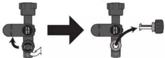 Diagram showing a mechanical device transformation with directional arrows indicating motion or movement.
