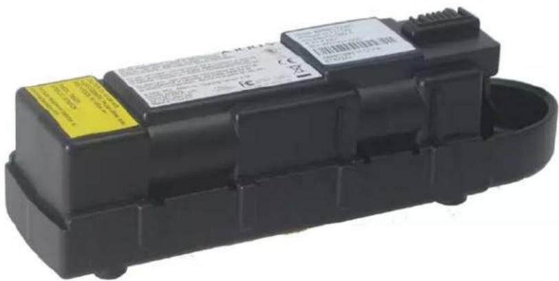 Black battery pack with visible labels and safety tags, showing specifications and model information