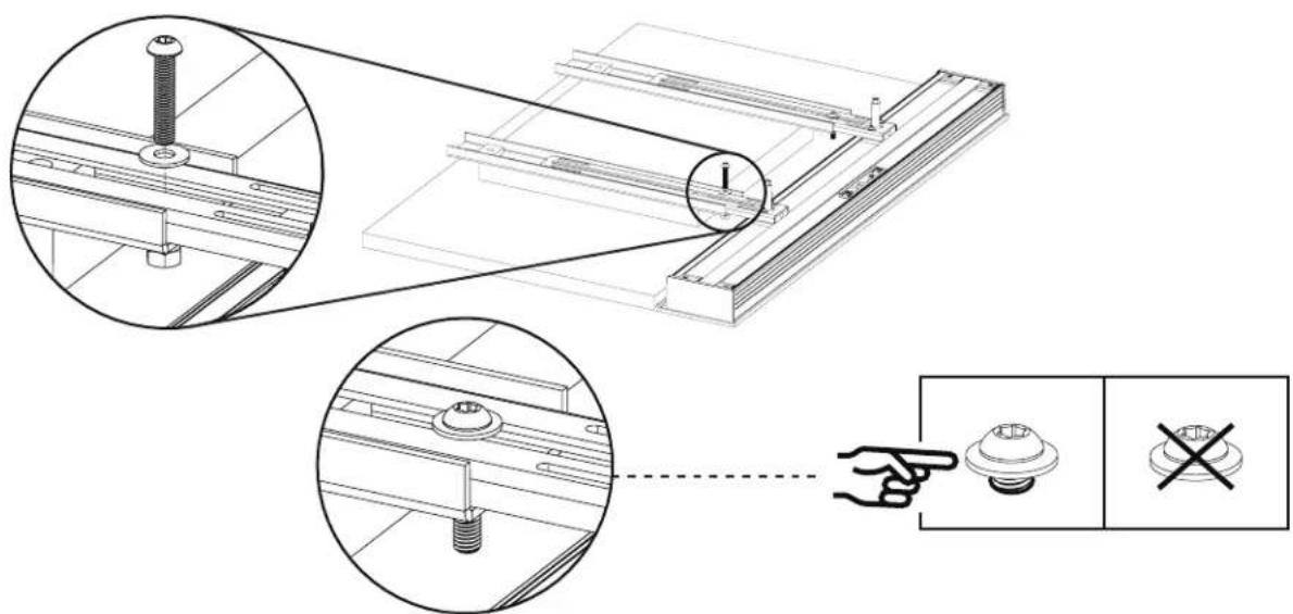 Technical diagram showing assembly of a mechanical component with bolted pins and mounting holes, including close-ups and a hand pointing to a disassembled component.