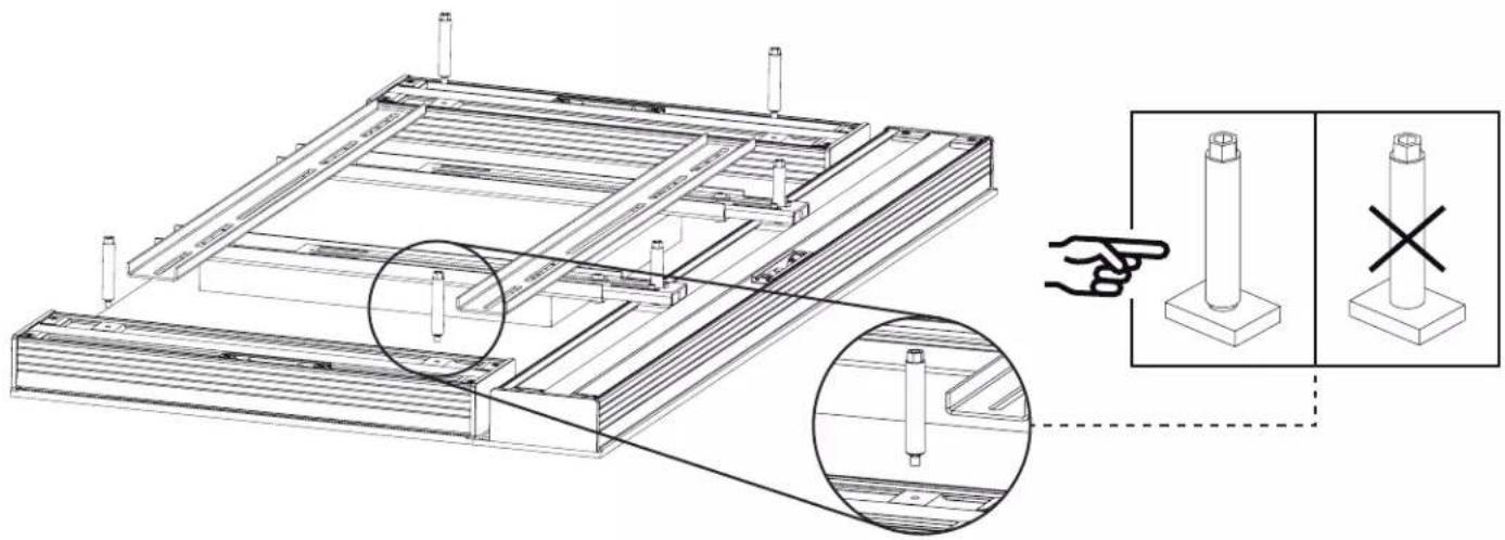 Technical diagram showing assembly of a structural frame with pin alignment and component identification, including magnified views and instructional annotations.