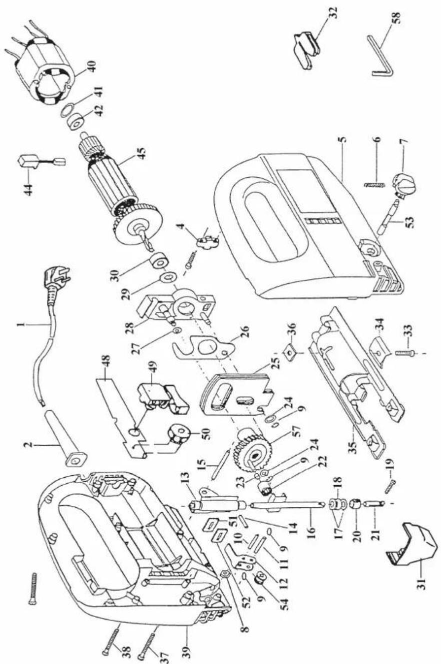 Exploded view diagram of a mechanical device with numbered parts for identification