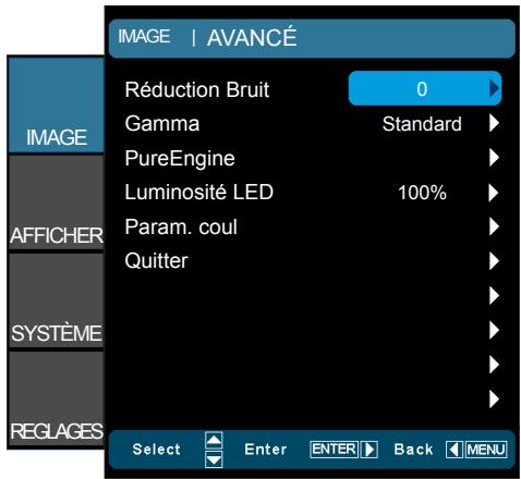 IMAGE | AVANCÉ Réduction Bruit 0 Gamma Standard PureEngine Luminosité LED 100% Param. coul Quitter AFFICHER SYSTÈME REGLAGES Select Enter ENTER Back MENU