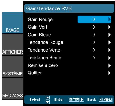 Gain/Tendance RVB Gain Rouge 0 Gain Vert 0 Gain Bleue 0 Tendance Rouge 0 Tendance Verte 0 Tendance Bleue 0 Remise à zéro Quitter SELECT Enter ENTER Back MENU