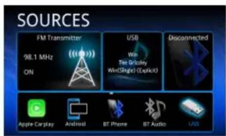 SOURCES FM Transmitter 98.1 MHz ON USB Wire Tie Grubley Win(Single) (Explicit) Disconnected Apple Carplay Android BT Phone BT Audio USB