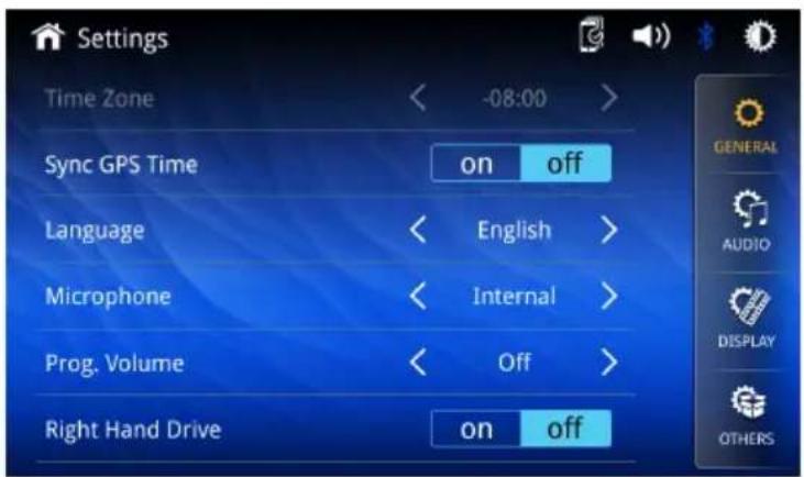Settings Time Zone -08:00 Sync GPS Time on off Language English Microphone Internal Prog. Volume Off Right Hand Drive on off GENERAL AUDIO DISPLAY OTHERS