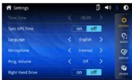 Settings Time Zone -08:00 Sync GPS Time on off Language English Microphone Internal Prog. Volume Off Right Hand Drive on off