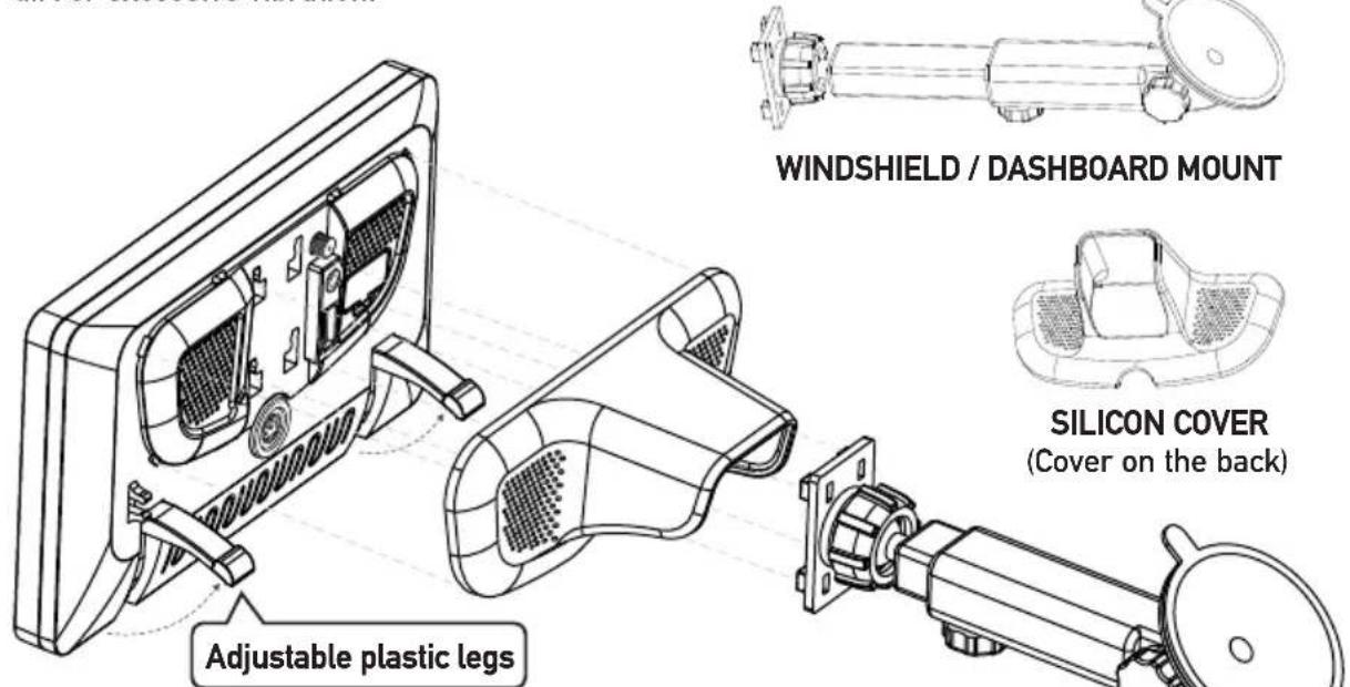 WINDSHIELD / DASHBOARD MOUNT SILICON COVER (Cover on the back) Adjustable plastic legs