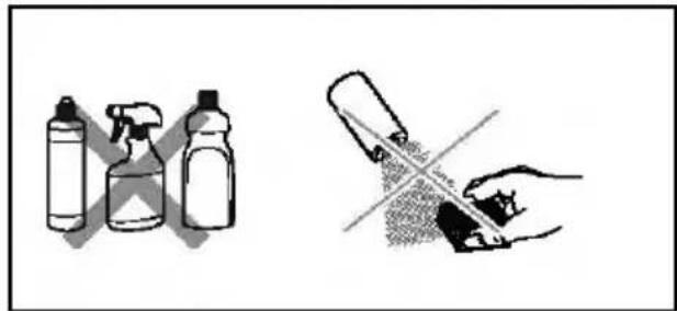 Diagram showing spray bottle and spray can with a hand holding a tool, accompanied by a crossed-out spray can.