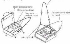Body securing band Body compartment Test feed compartment Join by hook To carry while held by hand