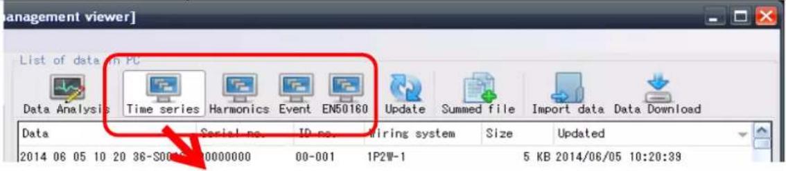 Management viewer] List of data in PC Data Analysis Time series Harmonics Event EN50160 Update Summed file Import data Data Download Data Serial no ID no Wiring system Size Updated 2014 06 05 10 20 36-S000 00-001 1P2W-1 5 KB 2014/06/05 10:20:39