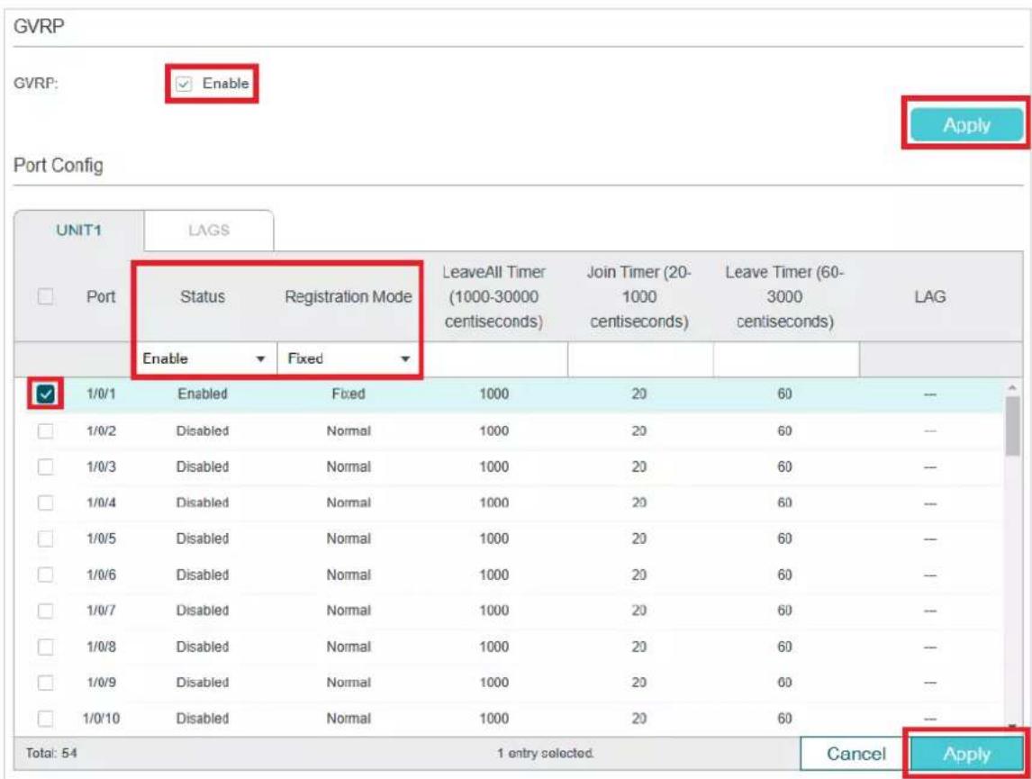 GVRP GVRP: ✓ Enable Apply Port Config UNIT1 LAGS Port Status Registration Mode LeaveAll Timer (1000-30000 centiseconds) Join Timer (20-1000 centiseconds) Leave Timer (60-3000 centiseconds) LAG Enable Fixed ✓ 1/0/1 Enabled Fixed 1000 20 60 -- □ 1/0/2 Disabled Normal 1000 20 60 -- □ 1/0/3 Disabled Nor…