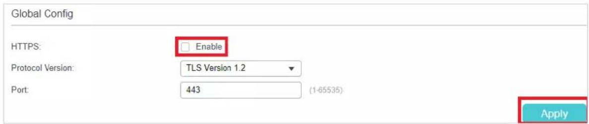 Global Config HTTPS: Enable Protocol Version: TLS Version 1.2 Port: 443 (1-65535) Apply