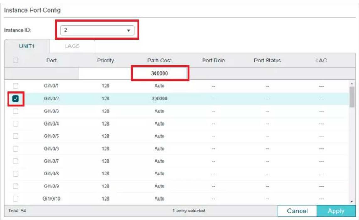 Instance Port Config Instance ID: 2 UNIT1 LAGS Port Priority Path Cost Port Role Port Status LAG 300000 Gi1/0/1 128 Auto -- -- -- ✓ Gi1/0/2 128 300000 -- -- -- Gi1/0/3 128 Auto -- -- -- Gi1/0/4 128 Auto -- -- -- Gi1/0/5 128 Auto -- -- -- Gi1/0/6 128 Auto -- -- -- Gi1/0/7 128 Auto -- -- -- Gi1/0/8 12…