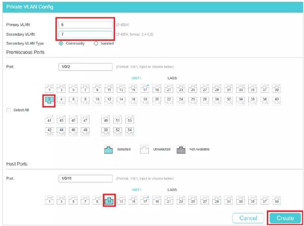 Private VLAN Config Primary VLAN: 6 (2-4094) Secondary VLAN: 7 (2-4094, format: 2.4-5.0) Secondary VLAN Type Community Isolated Promiscuous Ports Port: 1/0/2 (Format: 1/0/1, input or choose below) UNIT1 LAGS 1 3 5 7 9 11 13 15 17 19 21 23 25 27 29 31 33 35 37 39 2 4 6 8 10 12 14 16 18 20 22 24 26 28…