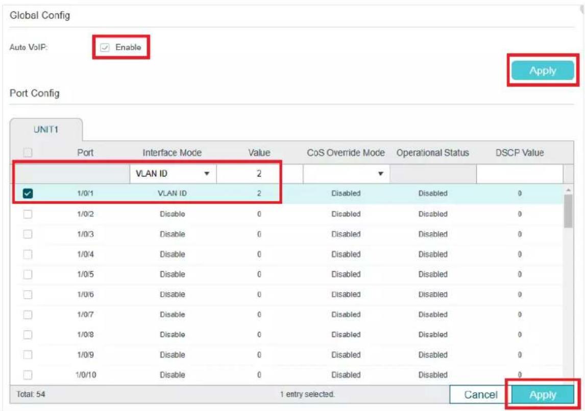 Global Config Auto VoIP: ✓ Enable Apply Port Config UNIT1 Port Interface Mode Value CoS Override Mode Operational Status DSCP Value VLAN ID 2 ✓ 1/0/1 VLAN ID 2 Disabled Disabled 0 □ 1/0/2 Disable 0 Disabled Disabled 0 □ 1/0/3 Disable 0 Disabled Disabled 0 □ 1/0/4 Disable 0 Disabled Disabled 0 □ 1/0/…