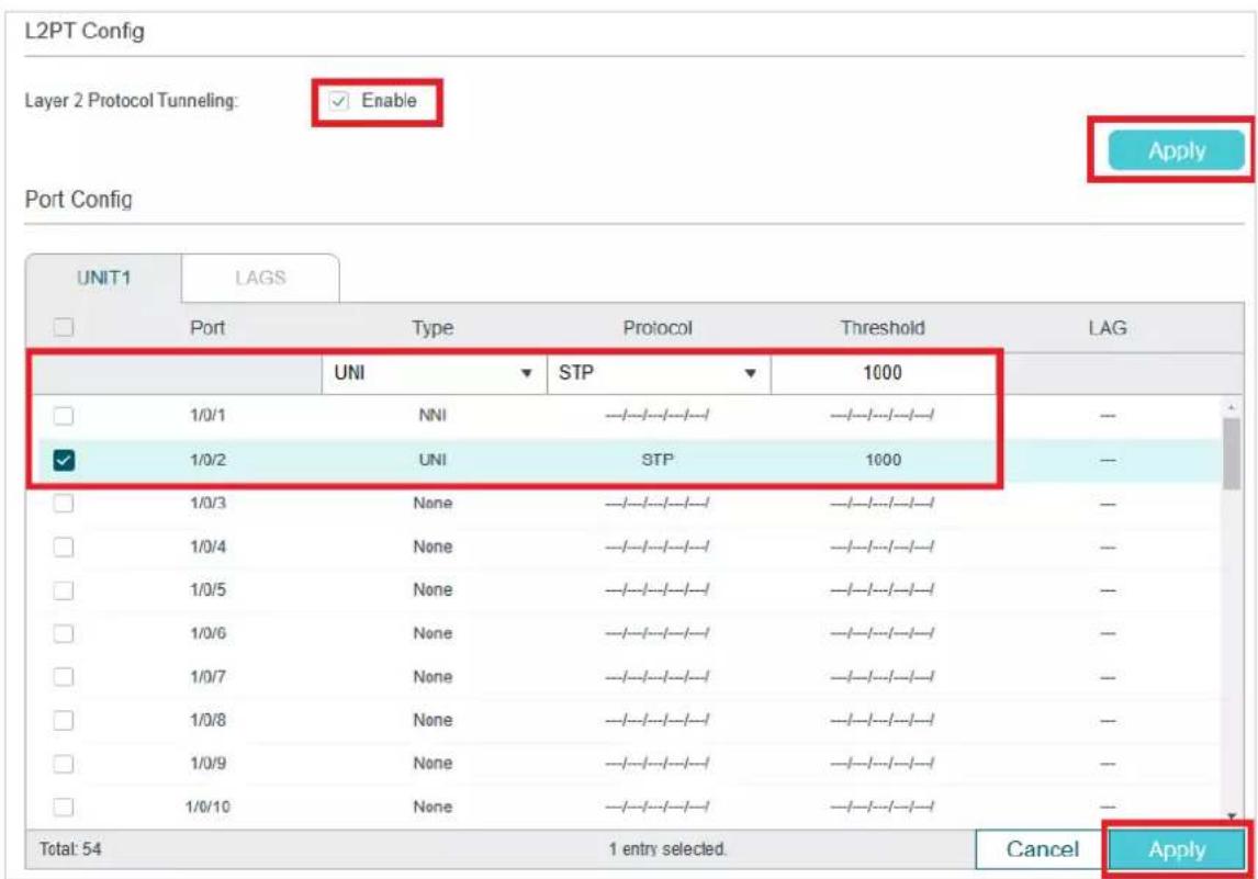 L2PT Config Layer 2 Protocol Tunneling: [x] Enable Apply Port Config UNIT1 LAGS Port Type Protocol Threshold LAG UNI STP 1000 1/0/1 NNI -----/----/----/----- -----/----/----/----- -- [x] 1/0/2 UNI STP 1000 -- 1/0/3 None -----/----/----/----- -----/----/----/----- -- 1/0/4 None -----/----/----/-----…