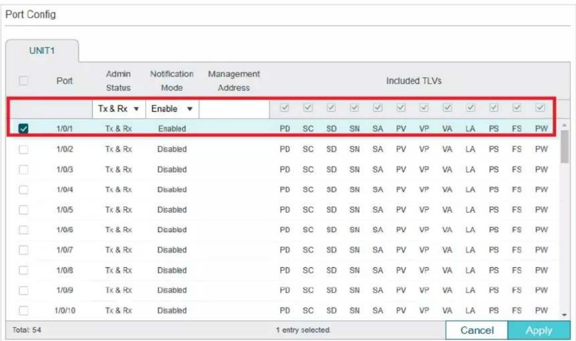 Port Config UNIT1 Port Admin Notification Management Status Mode Address Included TLVs Tx & Rx ▼ Enable ▼ ✓ 1/0/1 Tx & Rx Enabled PD SC SD SN SA PVVP VA LA PS F5 PW □ 1/0/2 Tx & Rx Disabled PD SC SD SN SA PVVP VA LA PS F5 PW □ 1/0/3 Tx & Rx Disabled PD SC SD SN SA PVVP VA LA PS F5 PW □ 1/0/4 Tx & Rx…