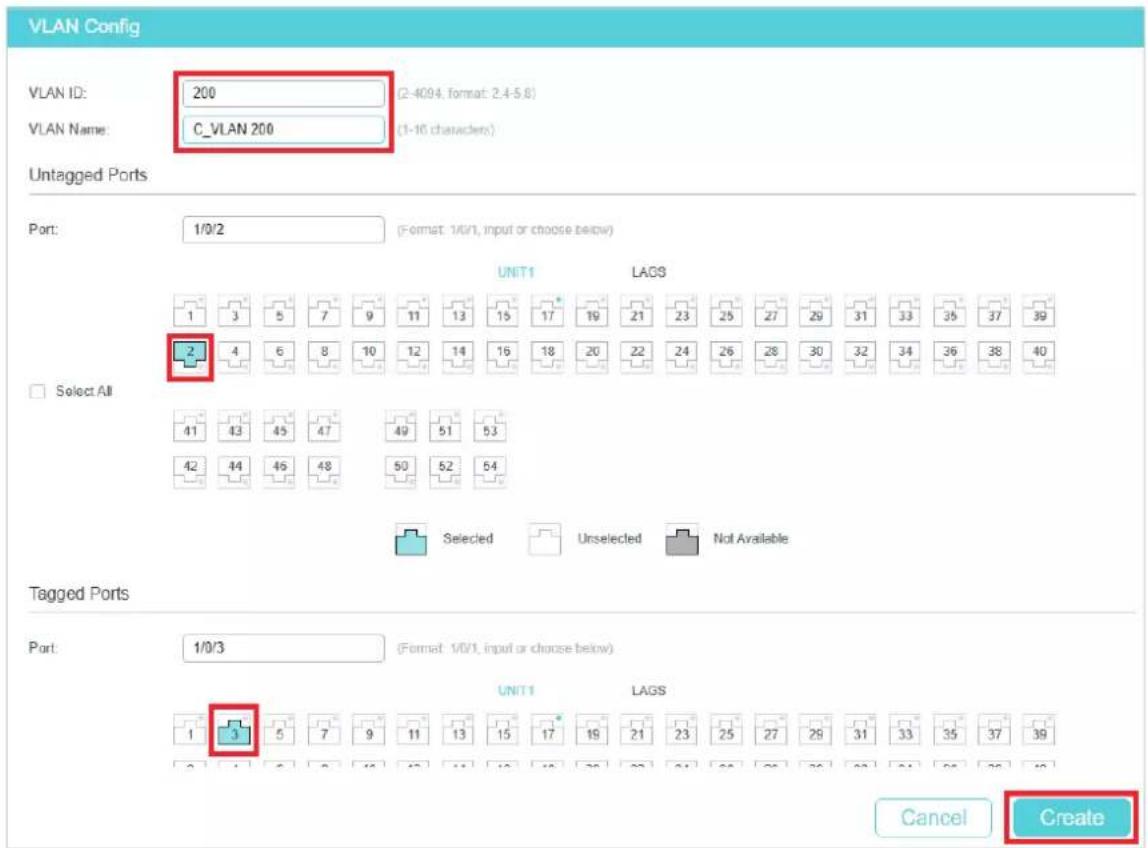 VLAN Config VLAN ID: 200 (2-4094, format: 2.4-5.8) VLAN Name: C_VLAN 200 (1-16 characters) Untagged Ports Port: 1/0/2 (Format: 1/0/1, input or choose below) UNIT1 LAGS 1 3 5 7 9 11 13 15 17 19 21 23 25 27 29 31 33 35 37 39 2 4 6 8 10 12 14 16 18 20 22 24 26 28 30 32 34 36 38 40 Select All 41 43 45 4…