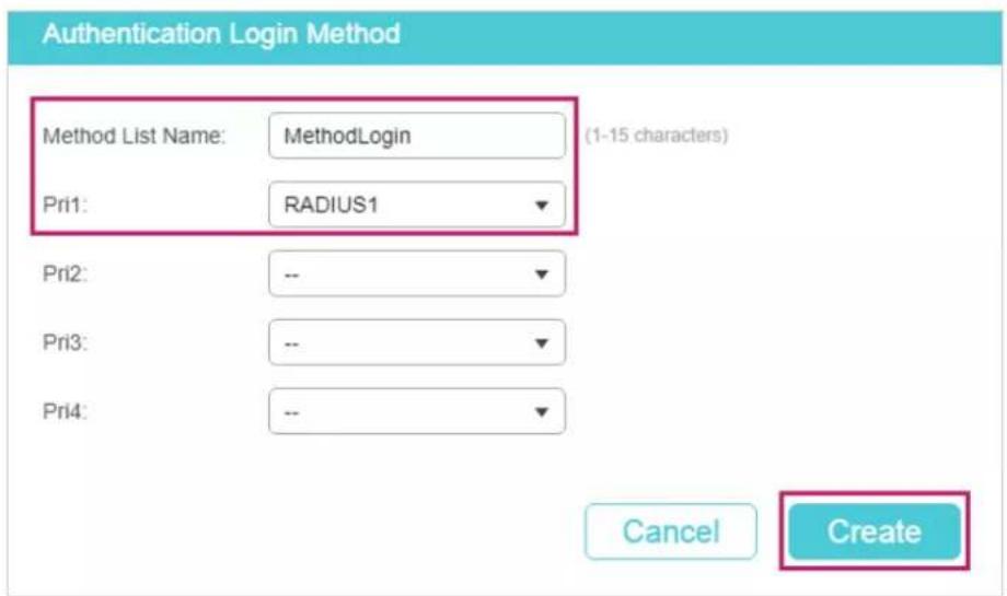 Authentication Login Method Method List Name: MethodLogin (1-15 characters) Pri1: RADIUS1 Pri2: -- Pri3: -- Pri4: -- Cancel Create