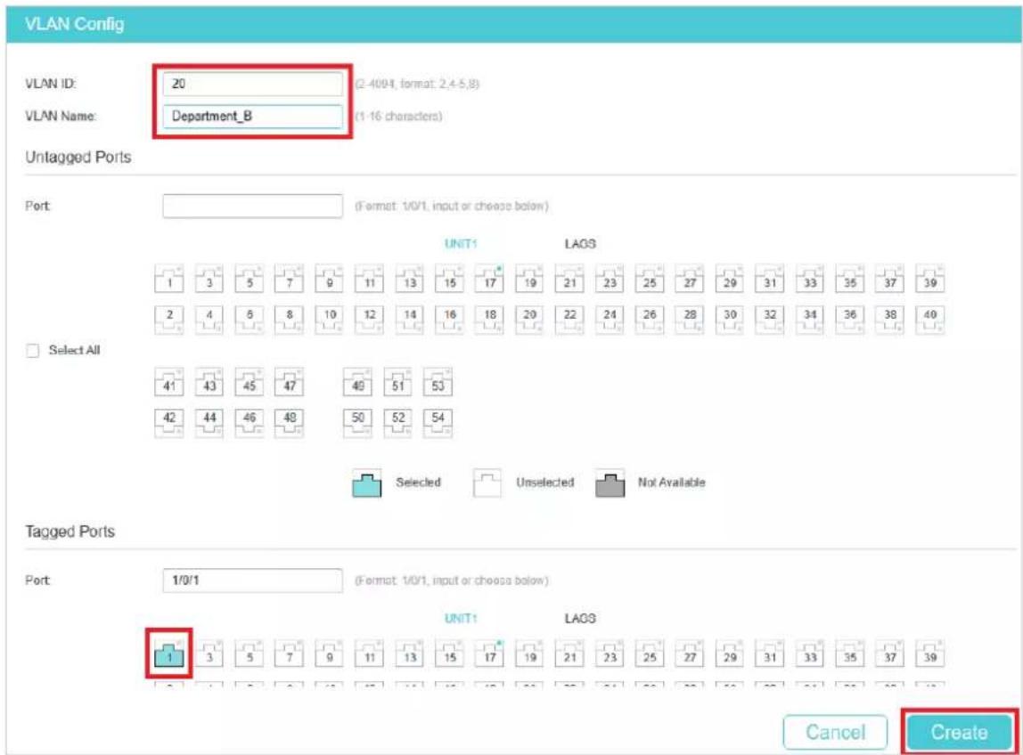 VLAN Config VLAN ID: 20 (2-4/04, format: 2.4-5.8) VLAN Name: Department_B (1-16 characters) Untagged Ports Port: (Format: 1/0/1, input or choose below) UNIT1 LAOS 1 3 5 7 9 11 13 15 17 19 21 23 25 27 29 31 33 35 37 39 2 4 5 8 10 12 14 16 18 20 22 24 26 28 30 32 34 36 38 40 Select All 41 43 45 47 49…